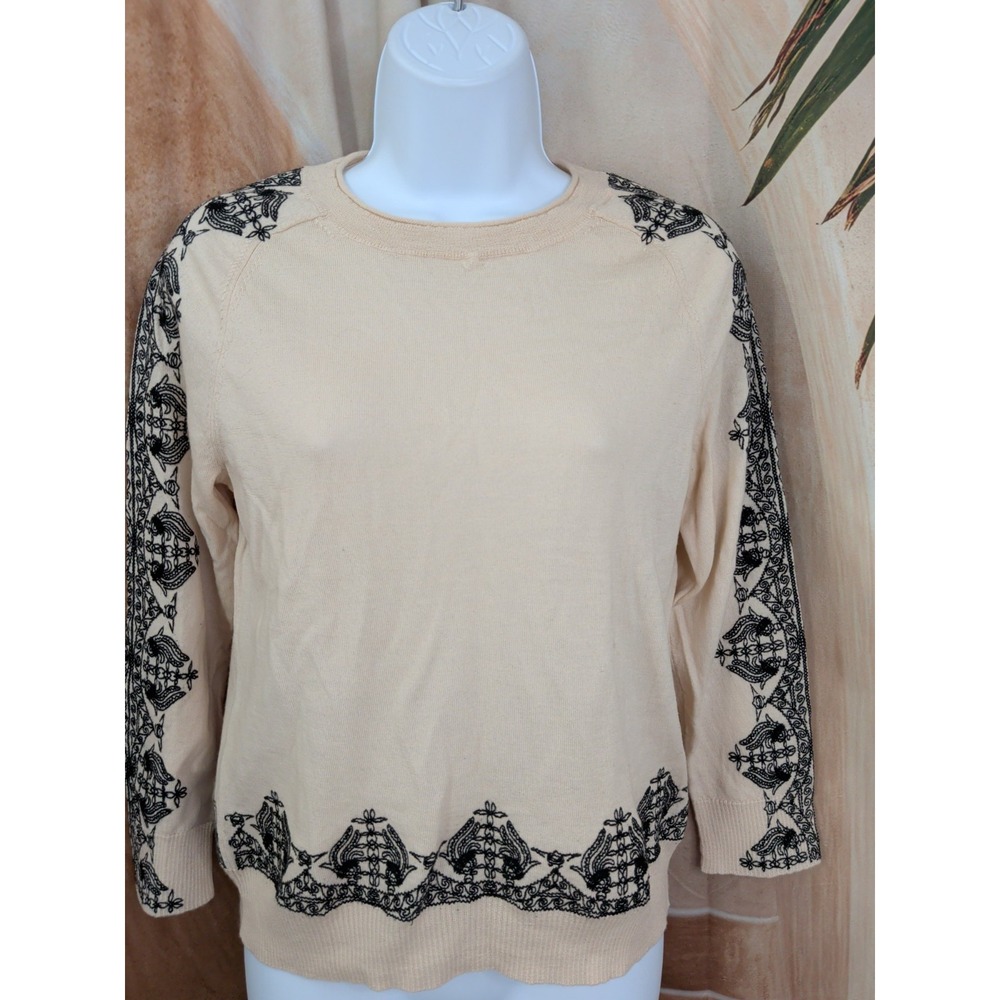 J. Crew Embroidered Wool Sweater in Ivory and Black